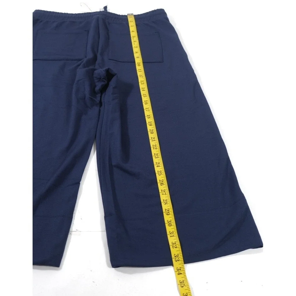 Quince Pants Women L Navy SuperSoft Fleece Wide Leg Cropped Drawstring Pockets
